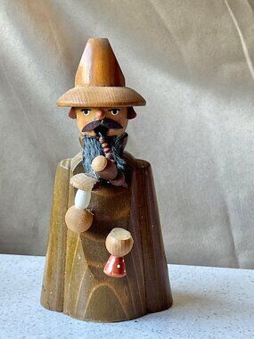 German Smoker Figurine With Mushroom Accents & Pipe Handmade VTG Wooden READ